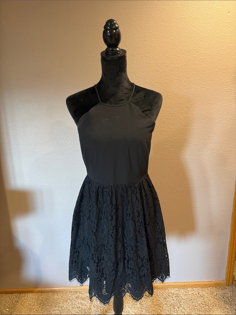 Black Lace Halter Fit-and-Flare Dress